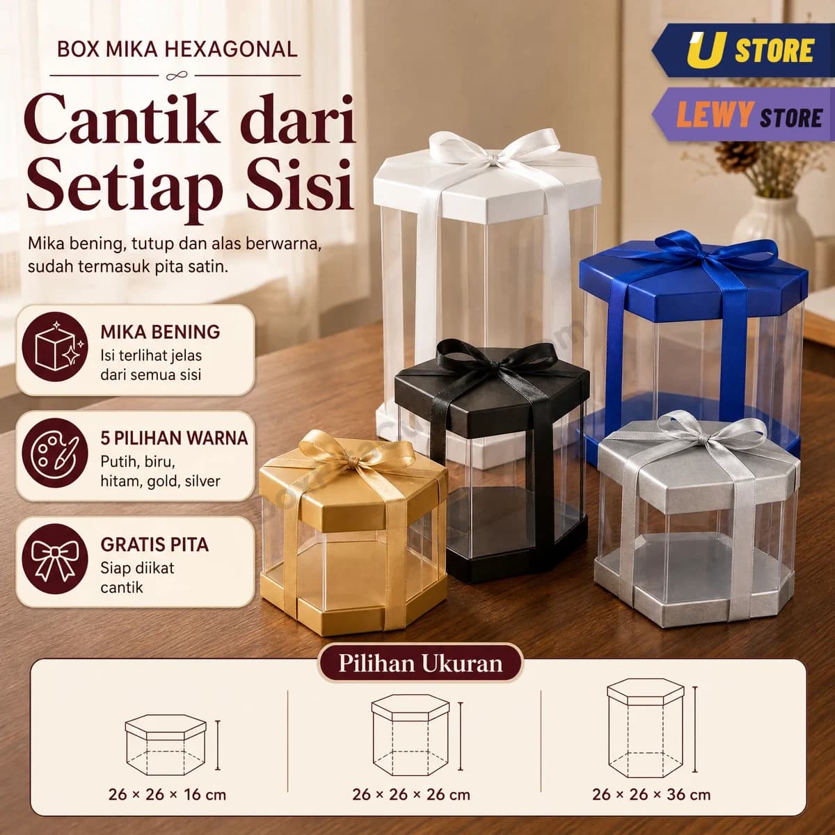 Box mika premium hexagonal dalam lima warna, putih, biru, hitam, gold, dan silver, dengan pilihan tinggi 16, 26, dan 36 cm