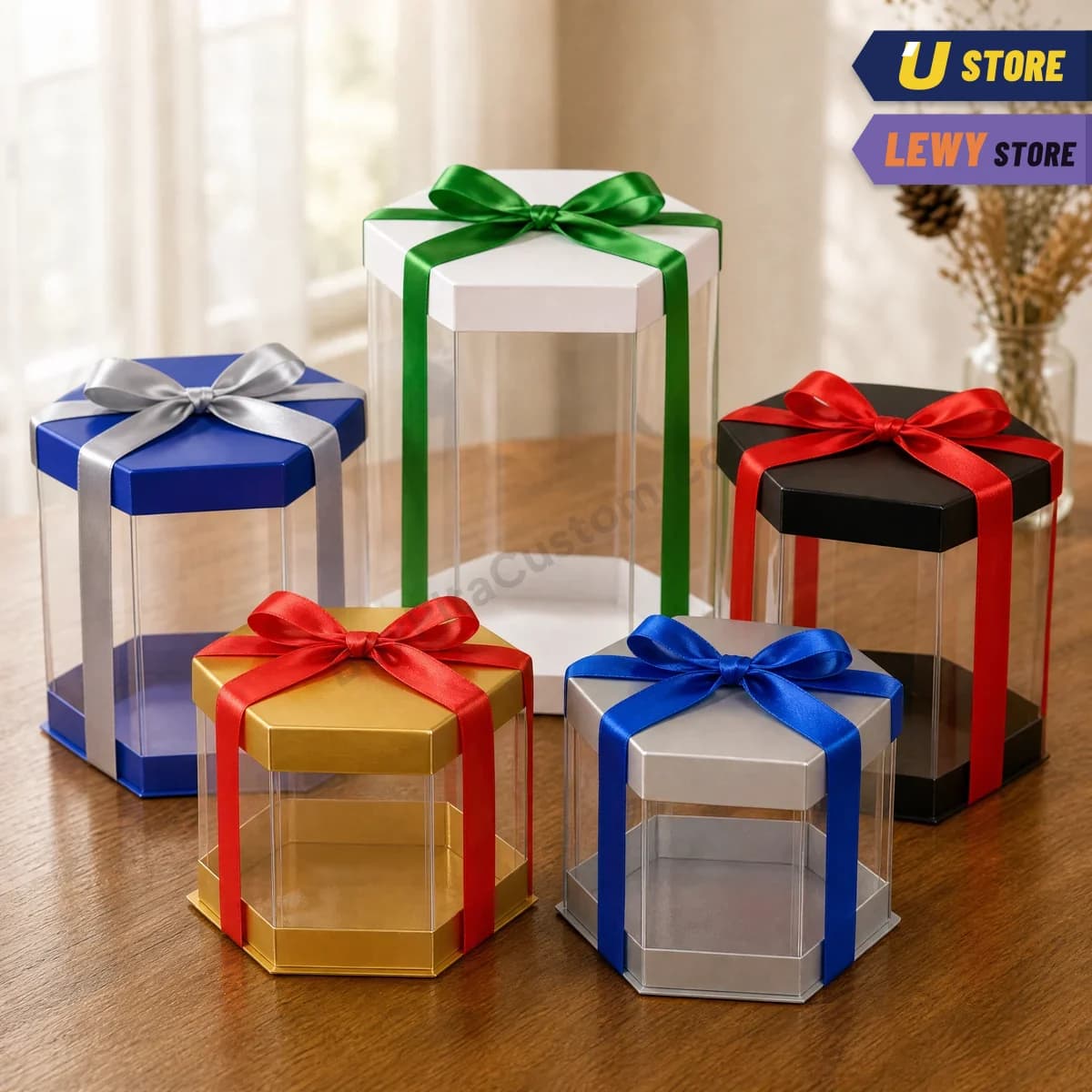 Lima box mika premium hexagonal warna biru, putih, hitam, gold, dan silver, masing-masing diikat pita satin
